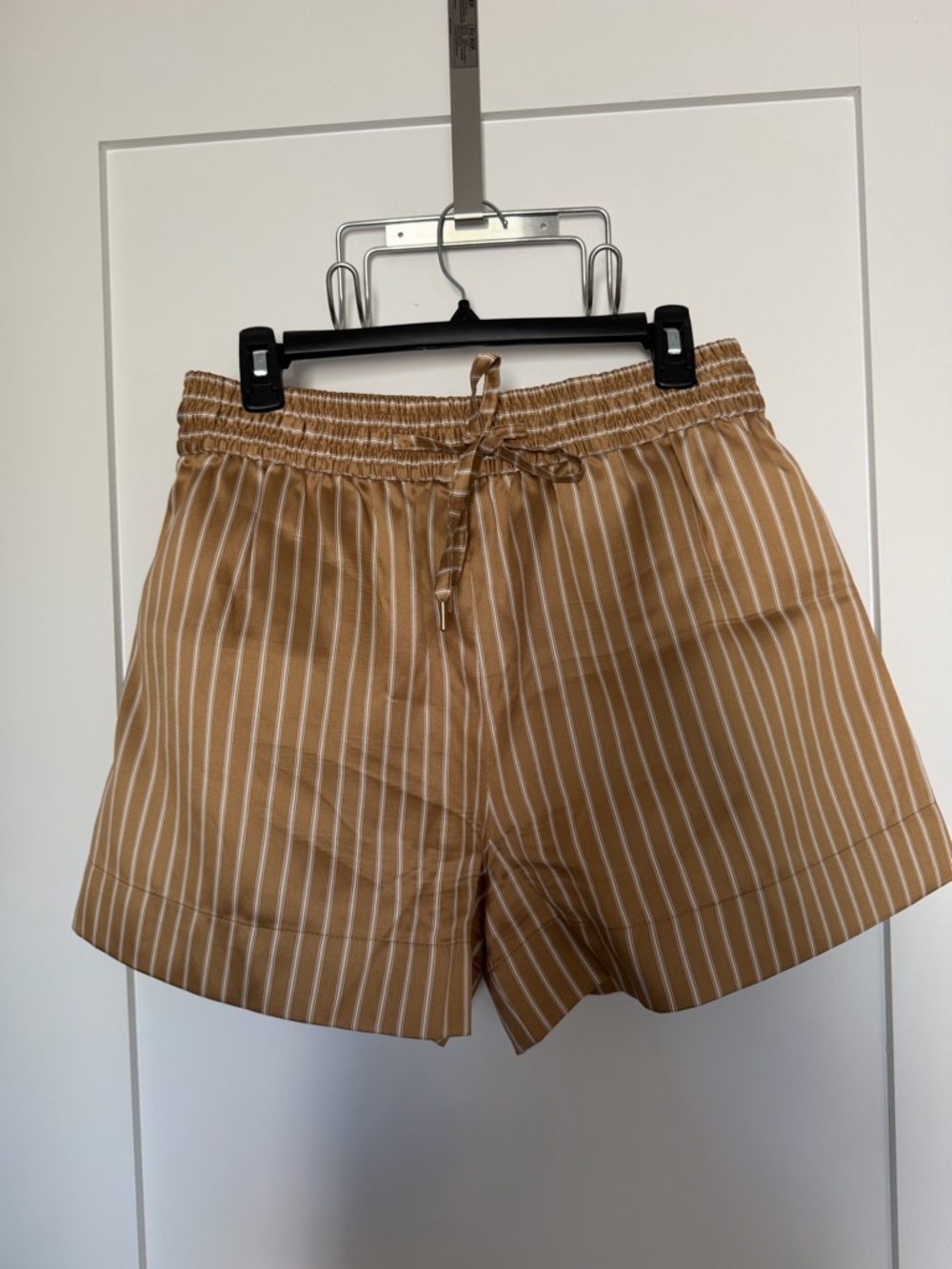 Sandro Tan & White Striped High-Waist Drawstring Shorts